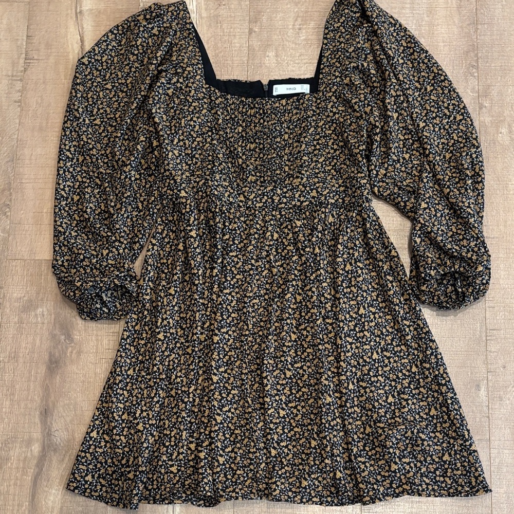 Mango new square neck cottage yellow floral boho puff sleeve dress